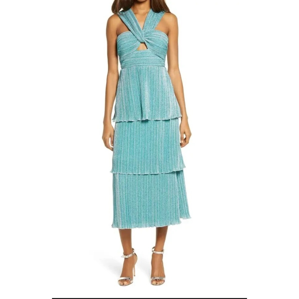 SAYLOR Teal Tiered Midi Dress with Twist Halter
